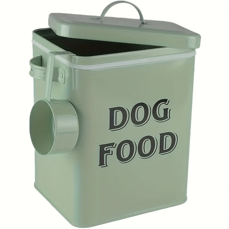 Dog Food Storage Canister with Scoop and Lid, Square Metal Farmhouse Container for Dry Pet Food, Treats and Kitchen Countertop Organization