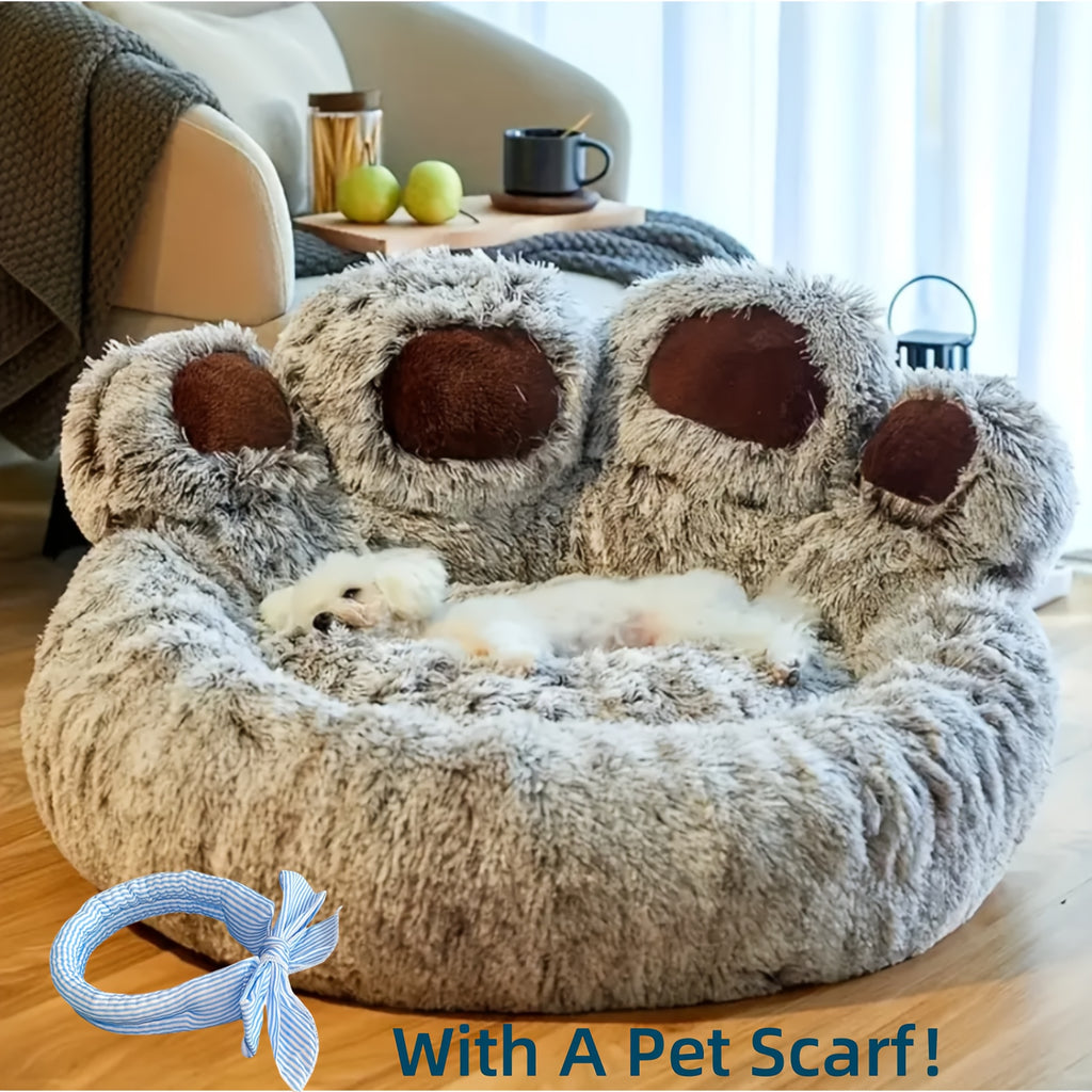 Gray Bear Paw Pet Bed with Scarf, Soft Plush Donut Sleeping Nest for Dogs and Cats with Raised Edges and Non-Slip Bottom, Five Sizes from 50 to 110 cm