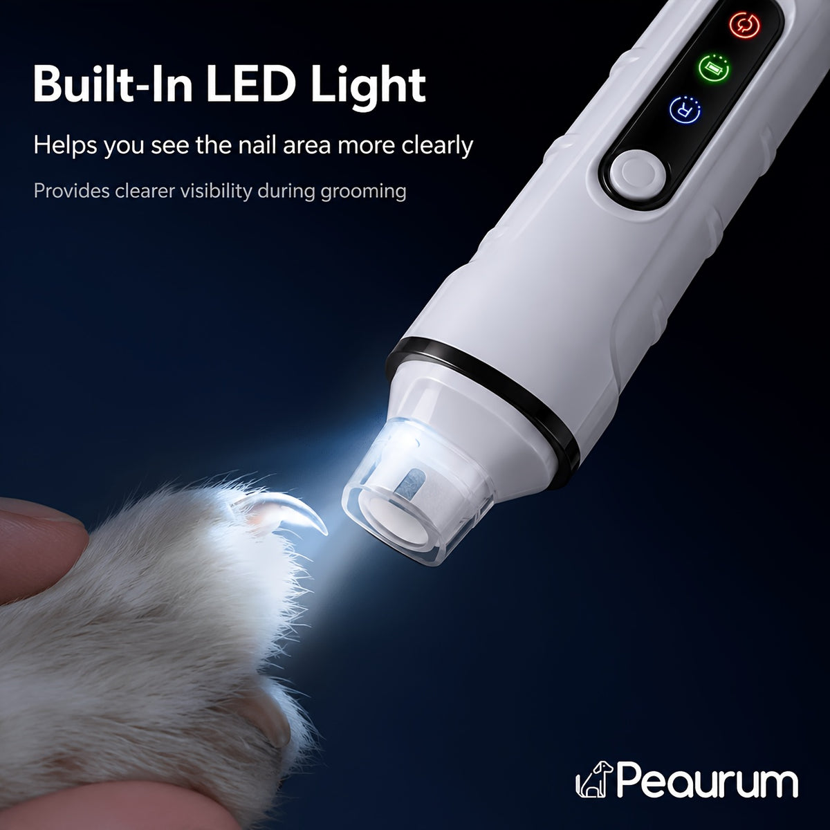 Dog Nail Grinder with Status Display, Rechargeable Low-Noise Electric Pet Nail File with LED Light and 3 Grinding Ports for Dogs and Cats