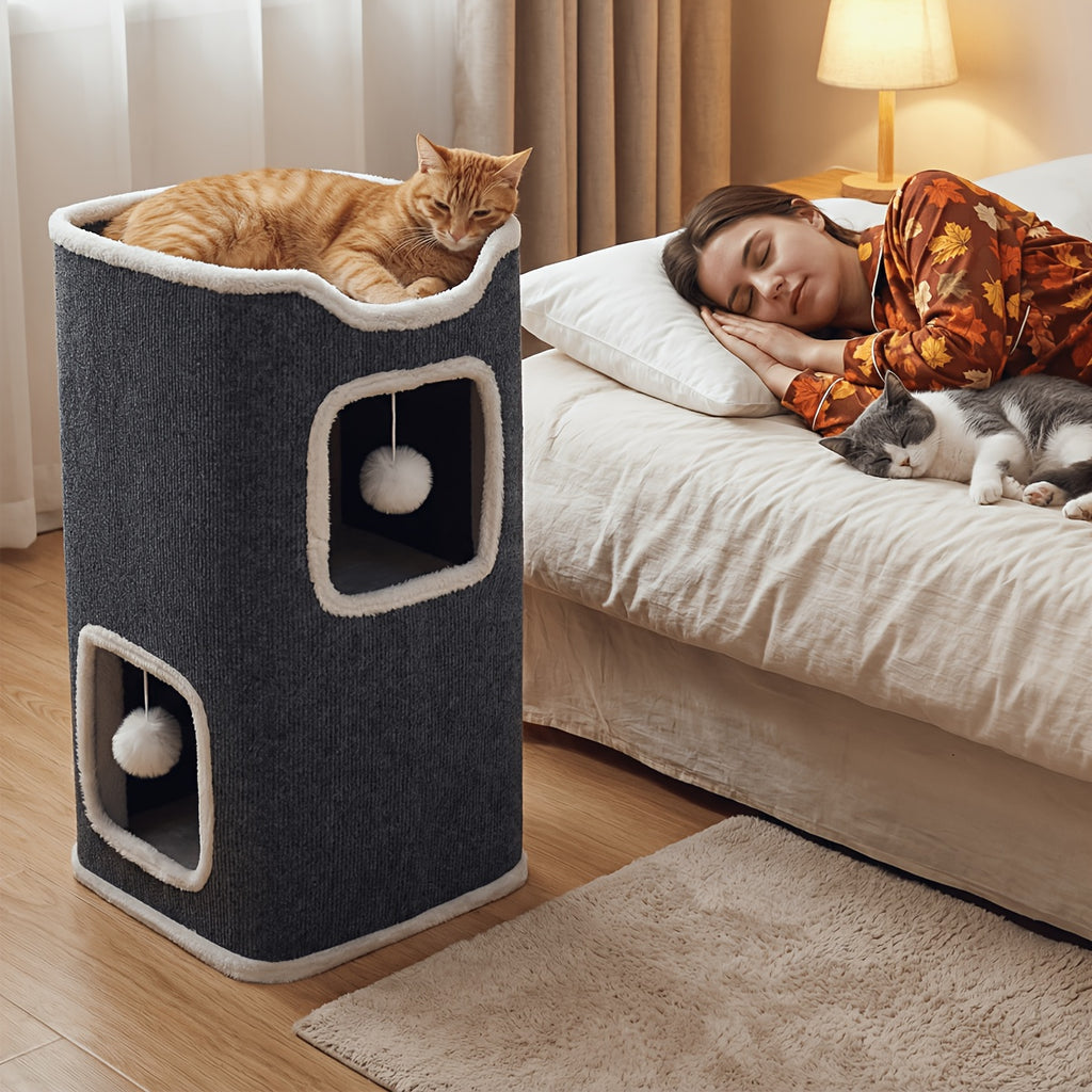 Cat Tree with Three-Layer Foldable Tower, Indoor Cat Condo with Cozy Top Bed, Hanging Ball Toys and Scratch-Resistant Surface for Small Spaces