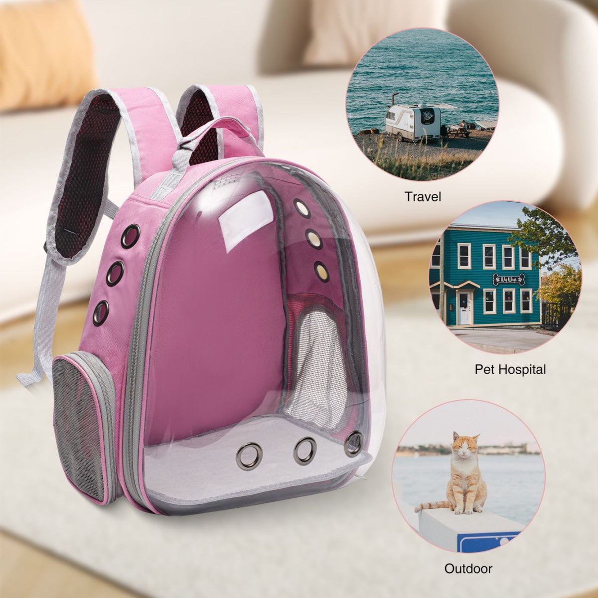 Ventilated Cat Backpack Carrier, Space Capsule Pet Travel Bag for Cats and Puppies, White or Peach One-Size Design for Outdoor Outings