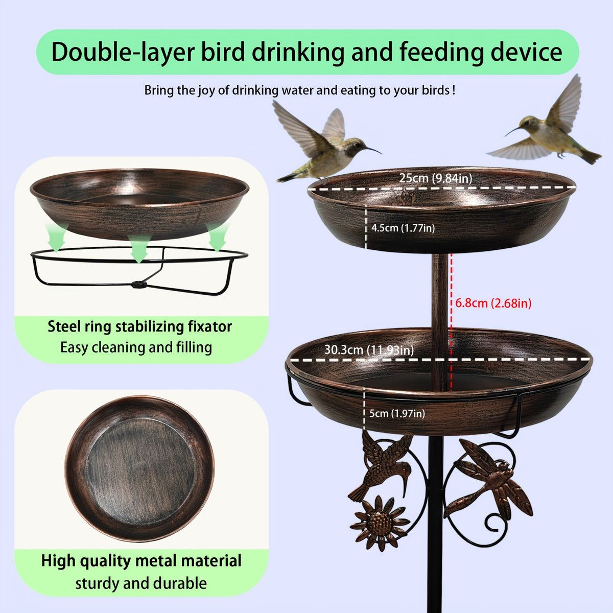 Bird Bath and Feeder 2-in-1, Bronze Double-Tier Iron Birdbath with 5-Prong Ground Stake and Vintage Garden Accents for Outdoor Yards