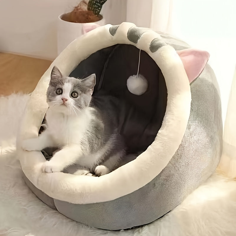 Cartoon Cat Cave Bed and Sleeping House, Cozy Indoor Kitty Hideaway for Curling Up and Resting, Large 16.34 x 16.34 x 13.78 Inches