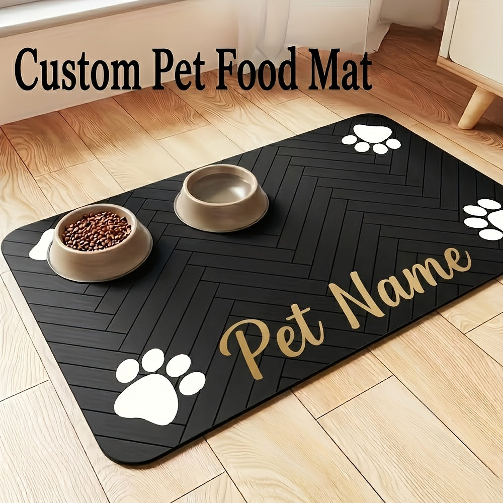 Personalized Pet Feeding Mat with Custom Name or Text, Non-Slip Absorbent Paw Print Bowl Mat for Indoor Dog and Cat Food Stations, Three Size Options