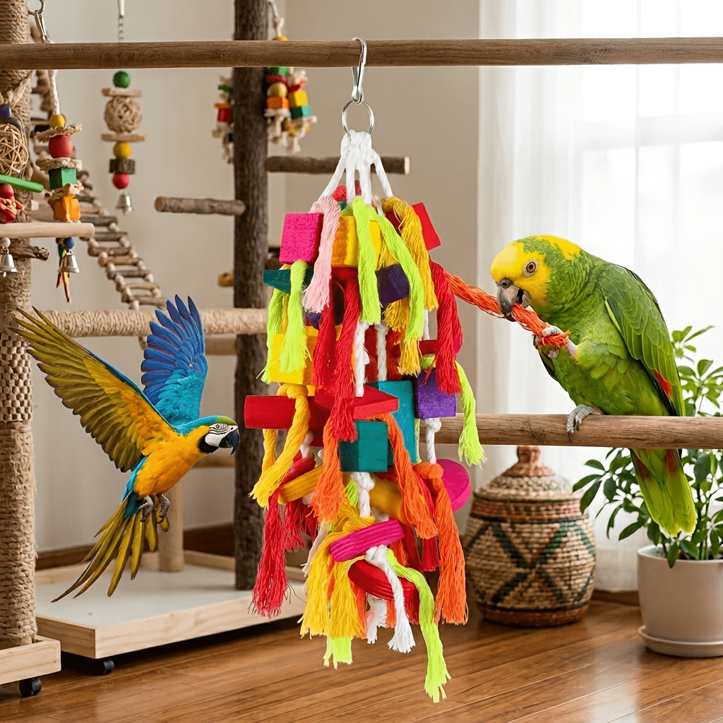 Parrot Toys with Colorful Wood Chew Designs, 12 Selectable Bird Cage Accessory Styles Including Apple, Banana, Coconut and Block Options for Enrichment