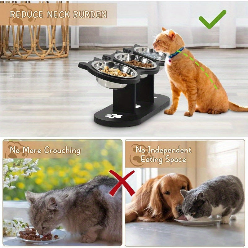 Elevated Cat Bowls with Black Wooden Stand, 15 Degree Tilted Adjustable Feeder with 2 or 3 Stainless Steel Dishes for Cat and Small Dog Food and Water