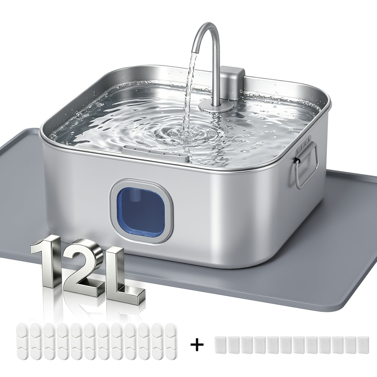 Stainless Steel Dog Water Fountain 12L 3.2 Gal for Large Dogs and Multi-Pet Homes, Ultra Quiet Pet Water Dispenser with Water Level Window, Dry Burn Protection and Red Blue Indicator Lights, Easy to Clean, Without Battery