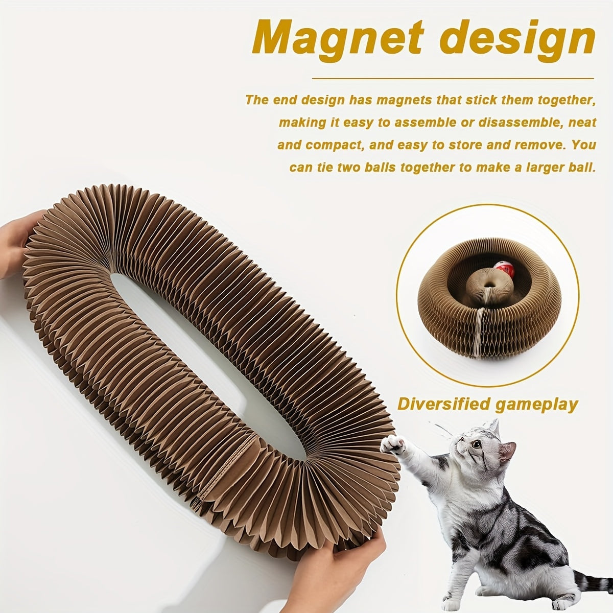 Flower Cat Scratcher Toy with Magnetic Accordion Design, Foldable Corrugated Cardboard Scratching Surface and Bell Ball for Indoor Cat Play