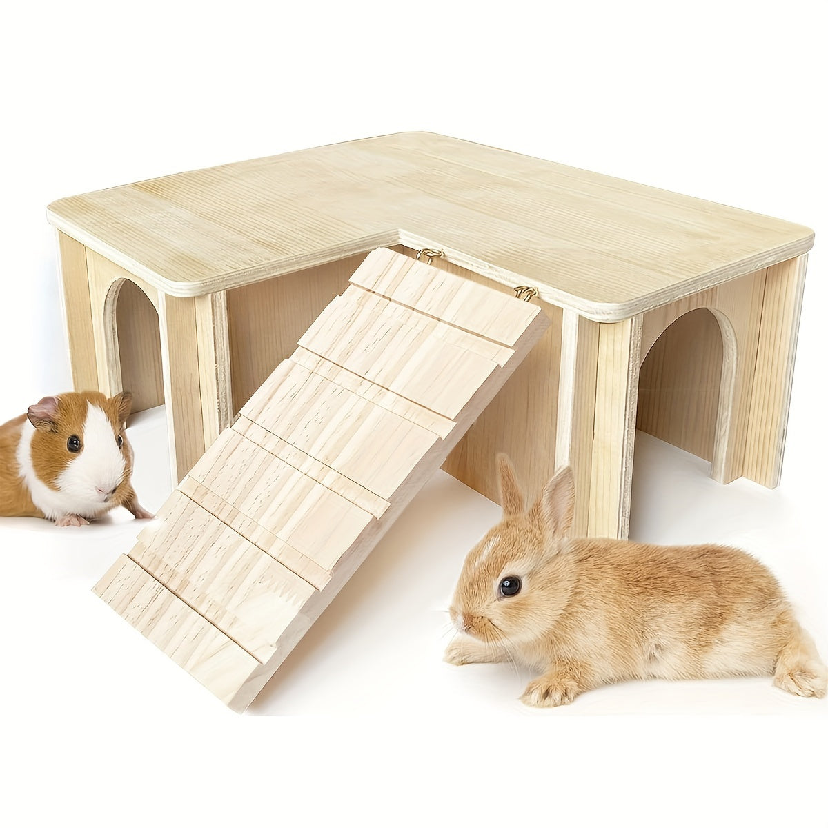 Guinea Pig Castle Hideout with Multiple Chambers and Ladder, Wooden Small Animal House for Habitat Exploration and Rest, 11.8 x 11.8 x 6.41 Inches