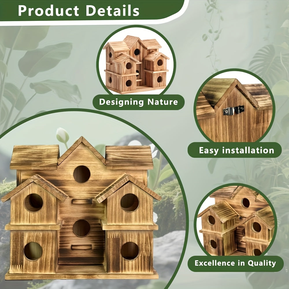 Pine Wood Birdhouse with 10 Listed Compartments, Multi-Roof Cottage Bird House with Round Entry Openings for Outdoor Garden, Patio and Backyard Decor
