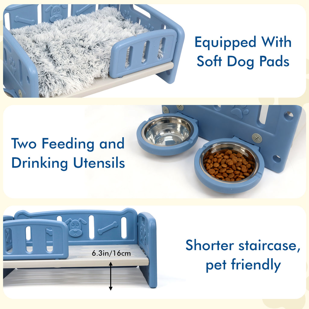 Elevated Dog Bed with Feeding Bowls, Plush Mat and Front Entry, Pink or Blue Pet Sofa with Paw-Print Side Panels for Small to Medium Dogs