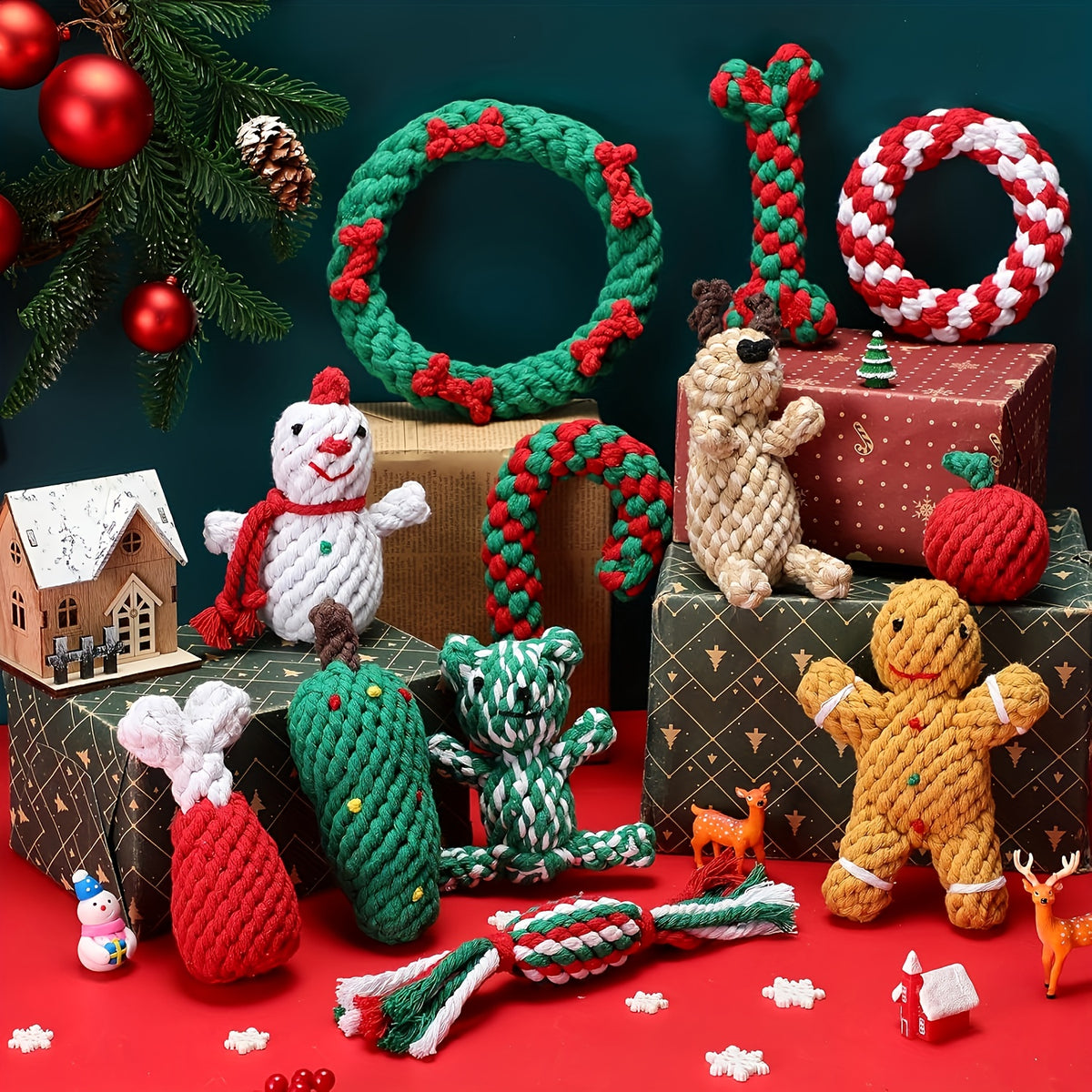 Christmas Dog Toy Assortment, Random 3, 5, 8 or 12 Piece Puppy Chew and Squeaky Toy Mix for Small to Medium Dogs, Holiday Gifts and Supervised Play