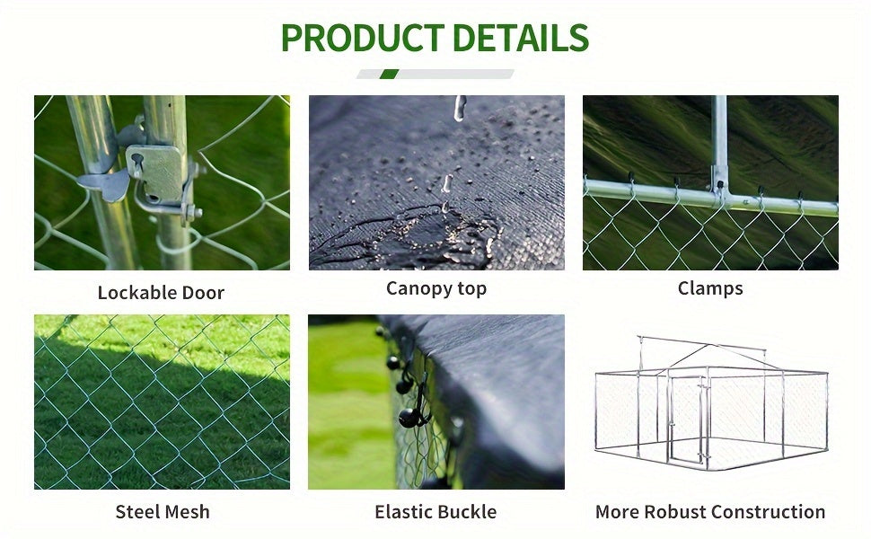 Galvanized Metal Dog Kennel with Canopy, Outdoor Steel Mesh Enclosure with Lockable Gate and PE Roof Cover, Three Backyard Dog Run Size Options