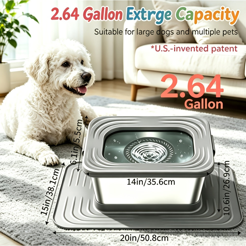 No Spill Dog Water Bowl, 2.64 Gallon Stainless Steel Slow Water Feeder with XXL Mat for Large Dogs and Multiple Pets, Non-Slip Indoor Outdoor Design