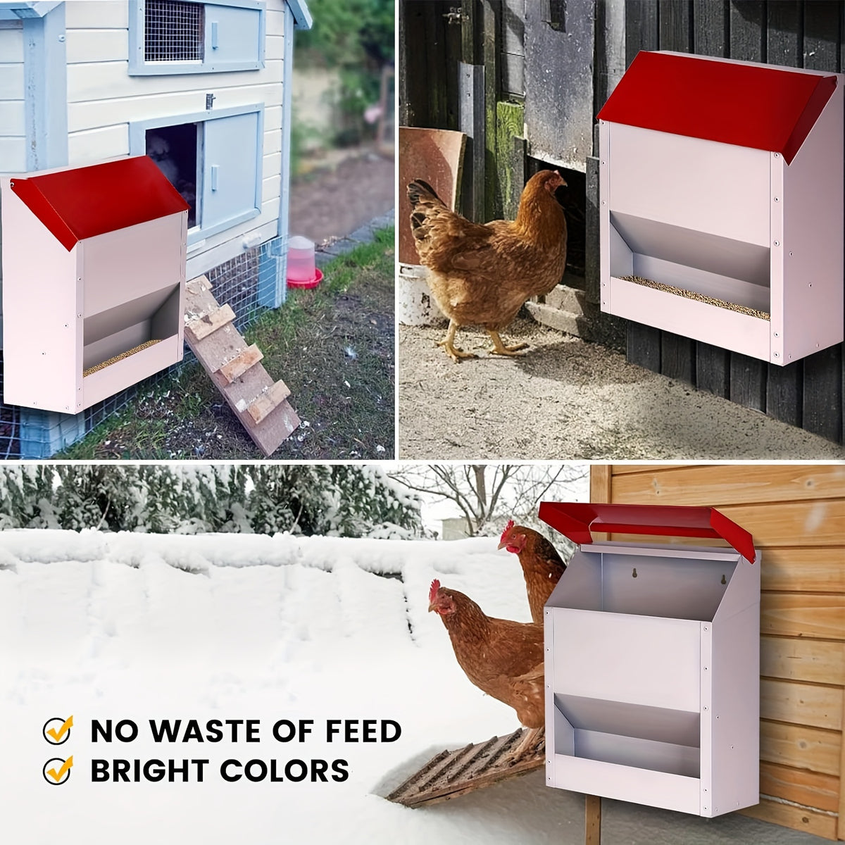 Wall Mounted Chicken Feeder with Cover, Galvanized Metal Gravity Poultry Food Dispenser for Backyard Coops, Chicken, Duck and Quail Feeding