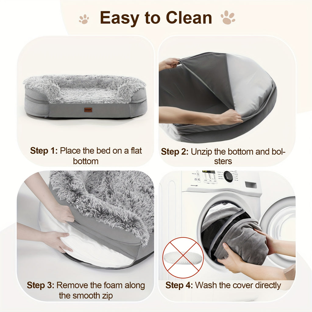 Plush Foam Dog Bed with Removable Washable Cover, Gray Egg Crate Pet Lounger with Raised Edges in Large Rectangle and Semicircle Options