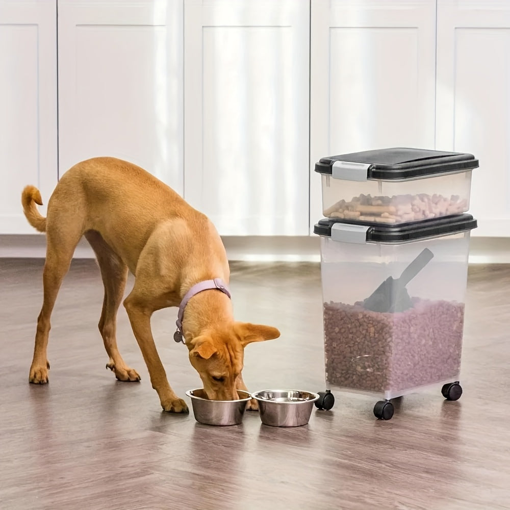 Rolling Pet Food Storage Containers with Locking Lids, Stackable Airtight Dog and Cat Dry Food Bins with Scoop, Gray/Clear Pantry Organizer