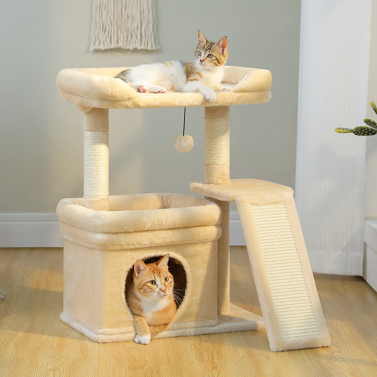 Cat Tree with Wide Perch and Condo, Modern Wood Cat Tower with Sisal Scratching Posts and Pad for Large Adult Indoor Cats and Compact Living Spaces