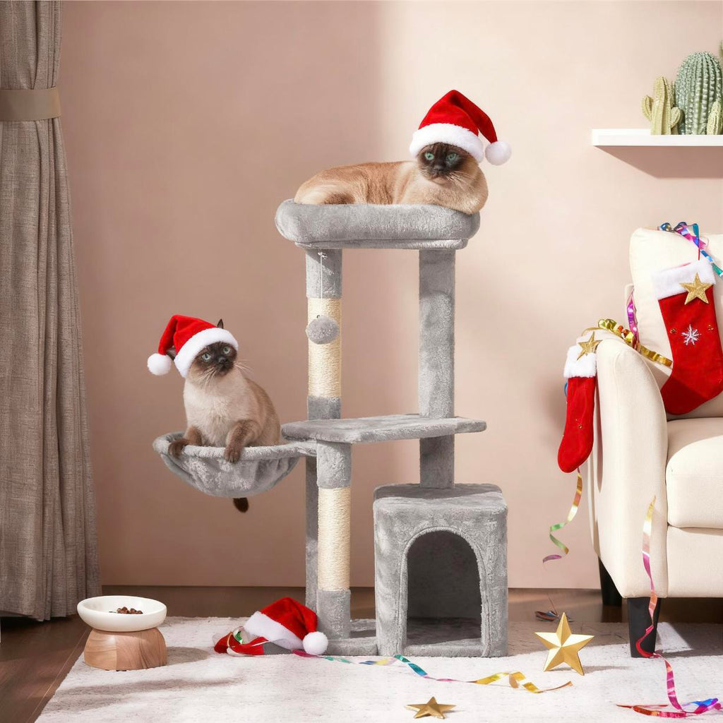 Cat Tree 34.5 Inch with Condo and Basket, Plush Indoor Cat Tower with Nest, Platform, Three Sisal Scratching Posts and Scratching Board in Five Colors