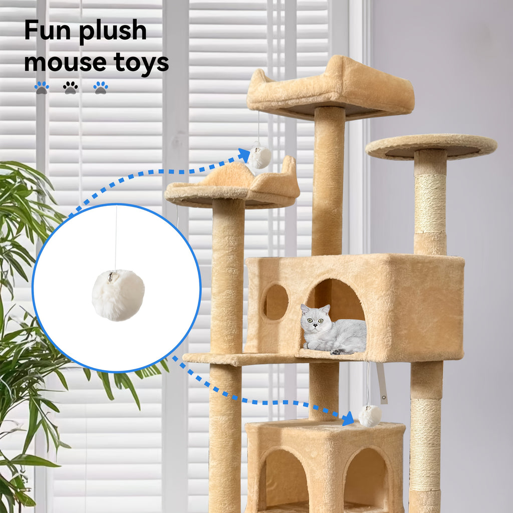 Cat Tree with Climbing Ramp for Indoor Cats, Multi-Level Plush Tower with Sisal Scratching Posts, Cozy Beds, Hanging Toys and Anti-Tip Design