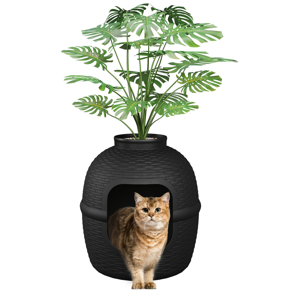 Hidden Litter Box with Plant and Rattan Pattern, Waterproof PP Cat Litter Furniture for Indoor Homes, Easy Assembly and Cleaning, Brown or OW