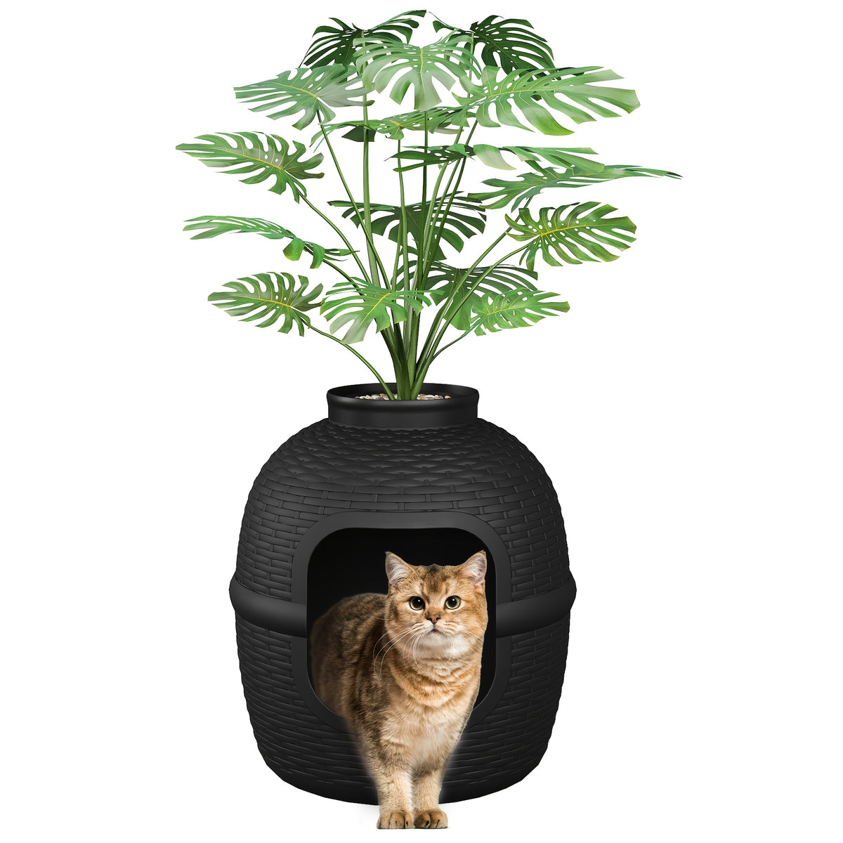 Hidden Litter Box with Plant and Rattan Pattern, Waterproof PP Cat Litter Furniture for Indoor Homes, Easy Assembly and Cleaning, Brown or OW