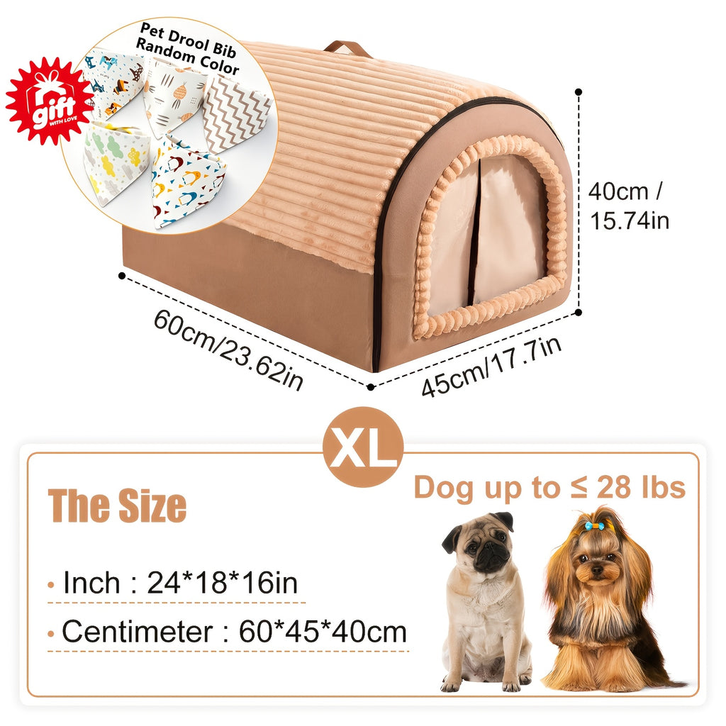 Foldable Indoor Dog House with Lid and Handle, 2-in-1 Brown Pet Tent Cave Bed with Soft Anti-Slip Washable Cushion for Dogs and Cats