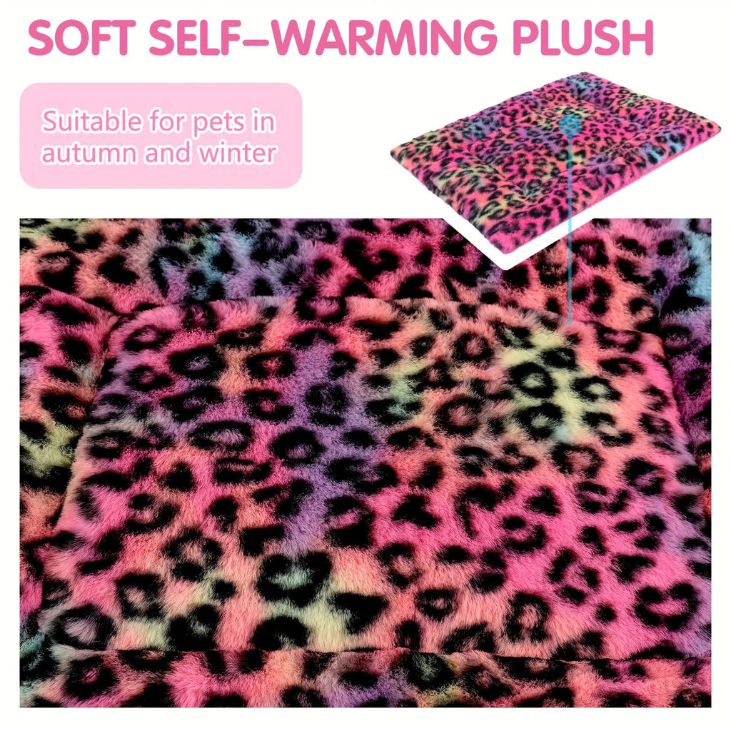 Reversible Dog Crate Mat with Leopard Print, Machine Washable Plush Pet Sleeping Pad for Dogs and Cats, Foldable Fleece Cushion in S to XL