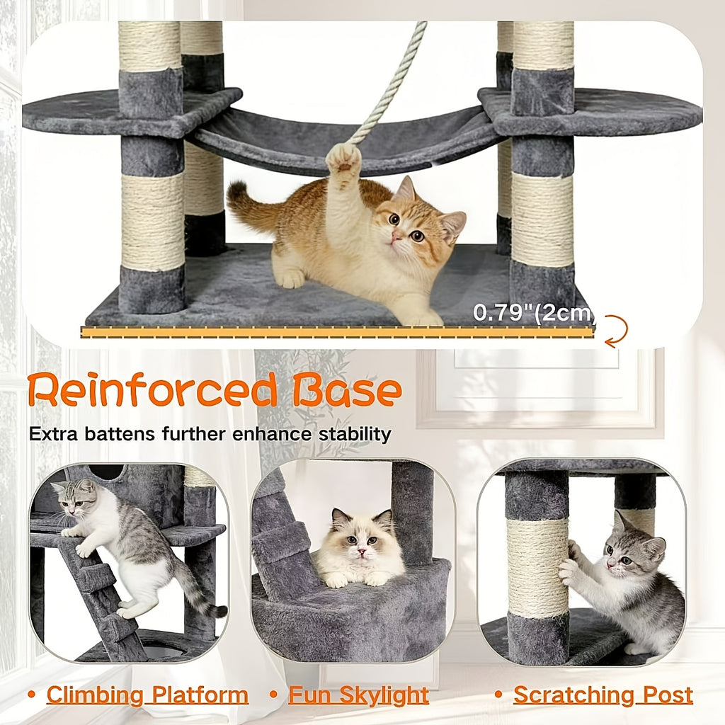 Cat Tree with Wide Base, 52.5 to 70 Inch Multi-Level Indoor Cat Tower with Plush Condo, Hammock and Sisal Scratching Posts for Climbing and Rest