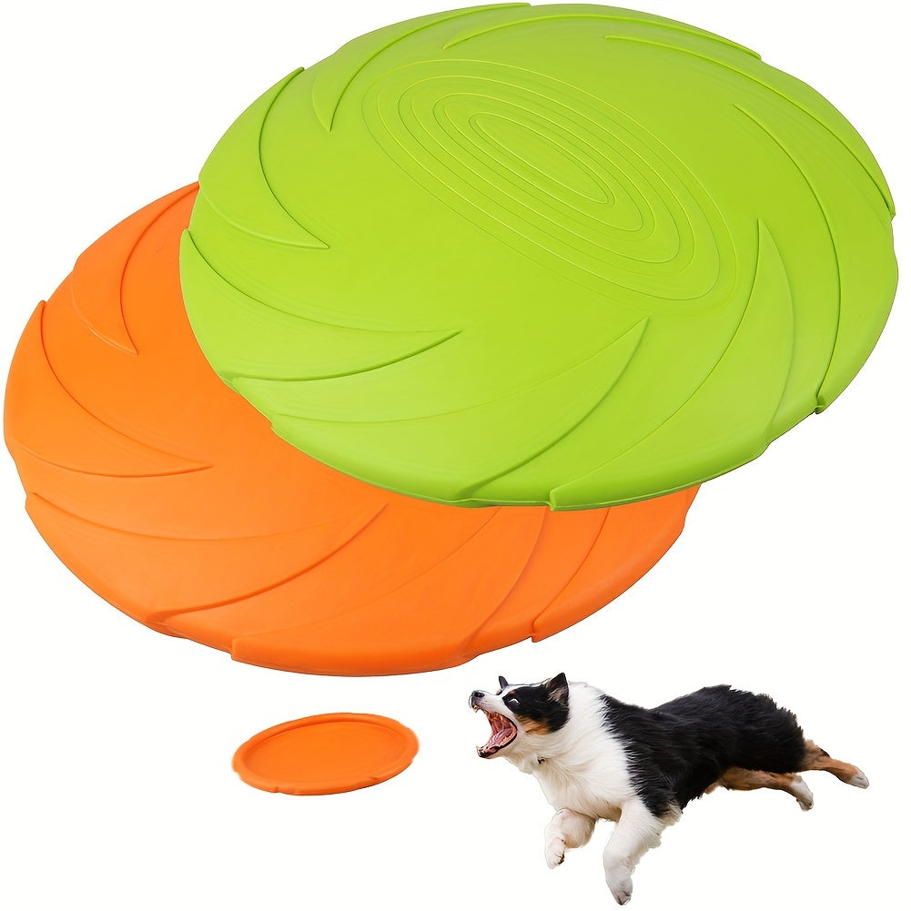 Rubber Dog Flying Disc Set, 2 Pack Approx. 7 Inch Floating Fetch Toys in Orange and Green for Supervised Outdoor Retrieval and Beach Play