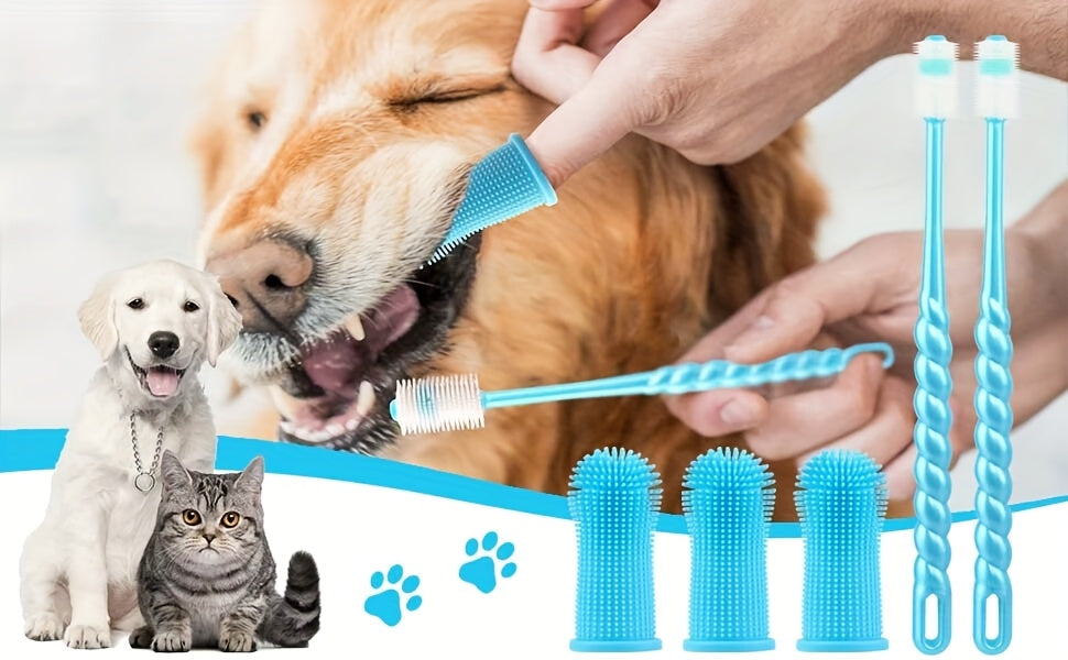 Dog Toothbrush Set, 3-Piece Silicone Pet Dental Care Kit with Finger Brush and Fine Bristle Brush, 360-Degree Design for Dogs and Cats