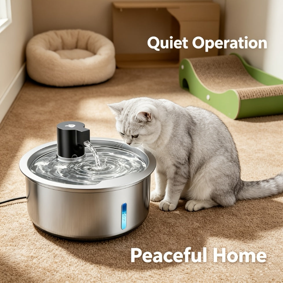 Pet Water Fountain 1.85 Gallon with Filter Bundles, Stainless Steel USB Powered Drinking Dispenser for Cats and Dogs, 5, 8 or 15 Cartridges