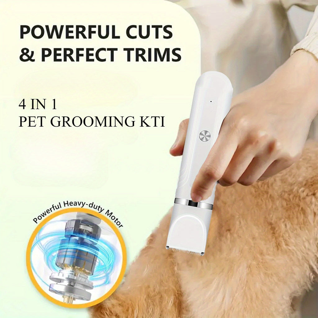 Dog Grooming Kit with Interchangeable Heads, USB Rechargeable Cordless Pet Hair Clipper with 4 Guide Combs, Steel Scissors and Comb for Home Trimming