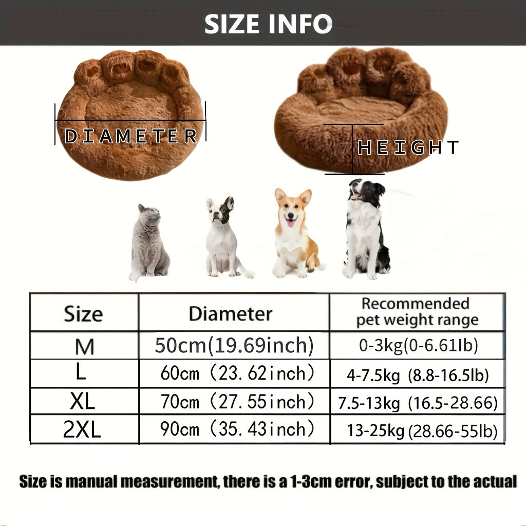 Plush Dog Bed with Bear Paw Design, Washable Fluffy Pet Sleeping Cushion with Raised Edges, 60–90 cm Sizes in Coffee, Pink and Gray