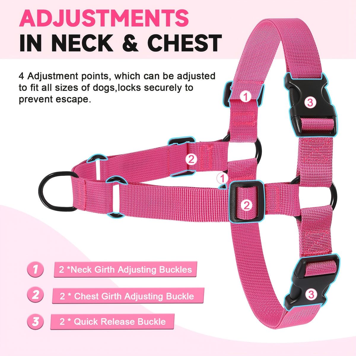 Adjustable No Pull Dog Harness for Walking, Hiking and Training, Pink, Black, Red or Khaki Pet Harness with S, M, L and XL Size Options