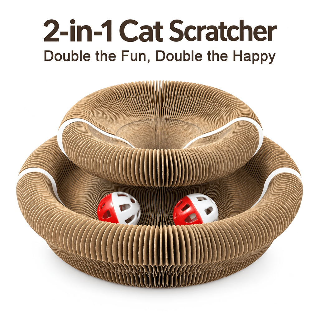 Expandable Cat Scratcher Toy 2-Pack, Curly Corrugated Cardboard Scratching Board with Ball for Indoor Cats, Retractable Scratch Pad for Daily Play