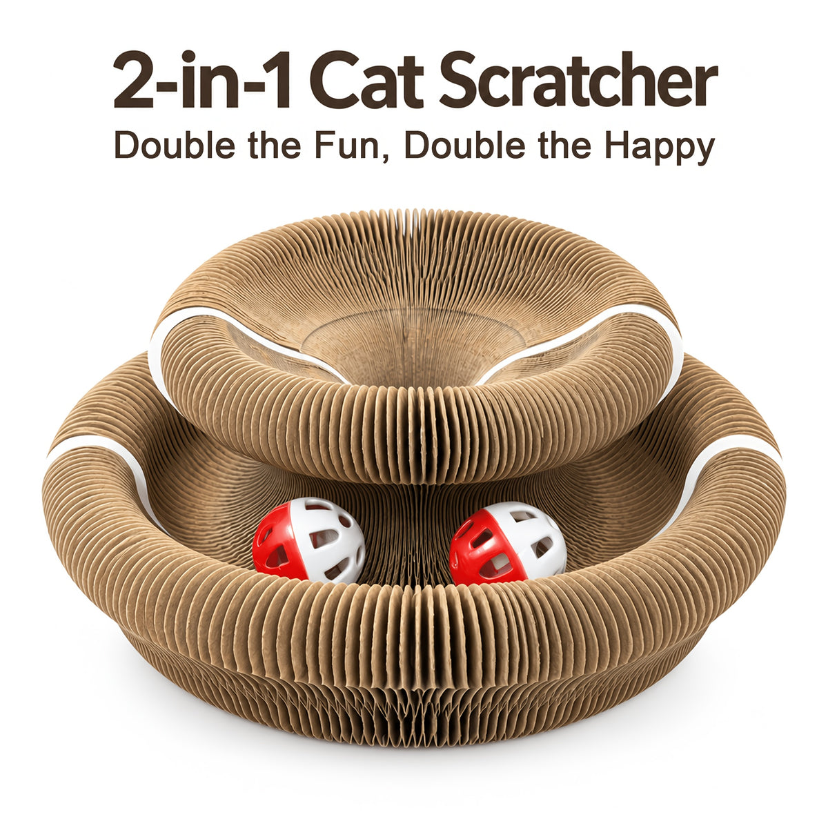 Expandable Cat Scratcher Toy 2-Pack, Curly Corrugated Cardboard Scratching Board with Ball for Indoor Cats, Retractable Scratch Pad for Daily Play