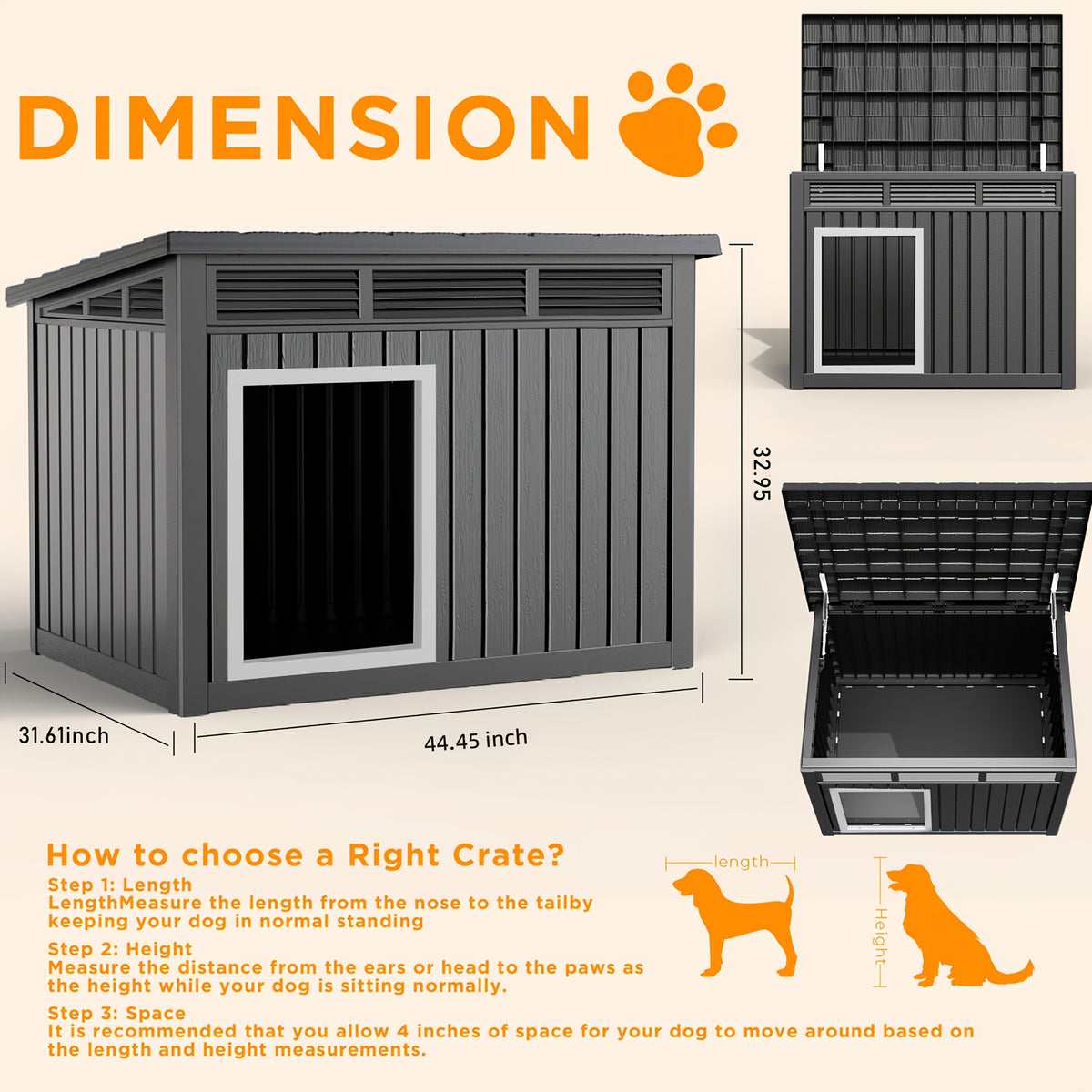 Large Plastic Dog House with Slanted Roof, UV-Resistant Outdoor Shelter with Ventilation, Black 42.87 x 32.95 x 31.61 Inches for Backyard Rest