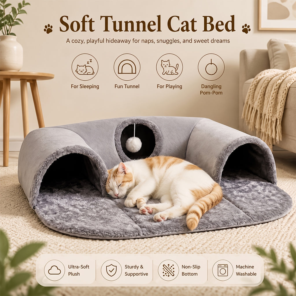 Detachable Cat Tunnel Bed with Plush Lounge and Hanging Pom-Pom Ball, S and M Indoor Cat Nest with Optional Glow-in-the-Dark Stars and Moon
