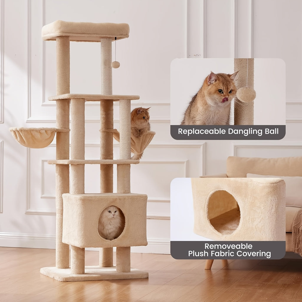 Cat Tree with Dual Hammocks, 65 Inch Six-Level Indoor Cat Tower with Natural Sisal Scratching Posts, Condo and Washable Top Perch
