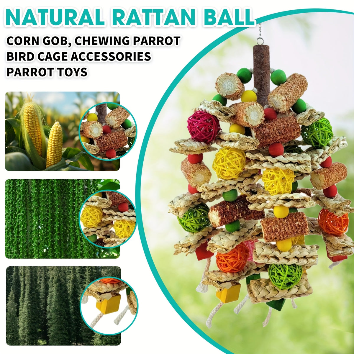 Bird Chew Toys with Natural Corn Cobs, Wooden Blocks and Rattan Balls for Parrot Enrichment, Supervised Cage and Aviary Play, 400g Option