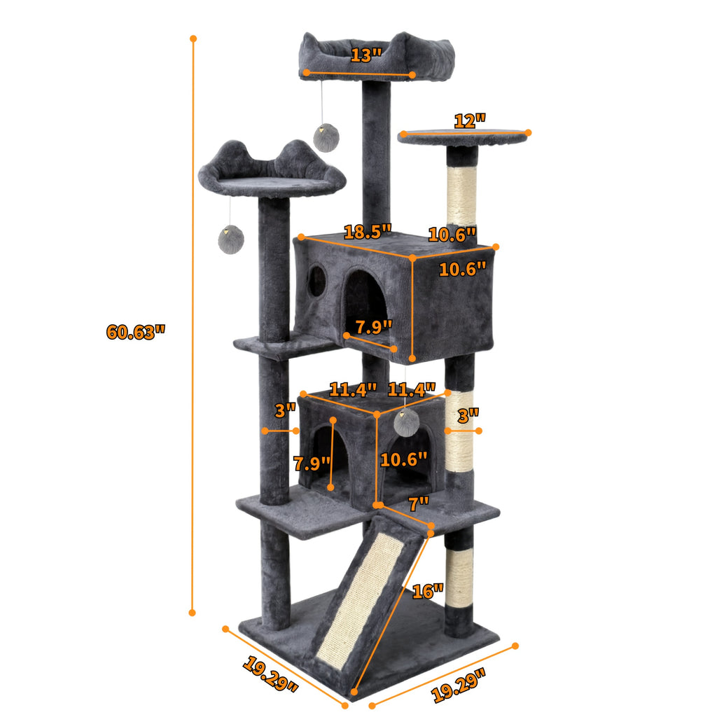 Cat Tree with Climbing Ramp for Indoor Cats, Multi-Level Plush Tower with Sisal Scratching Posts, Cozy Beds, Hanging Toys and Anti-Tip Design