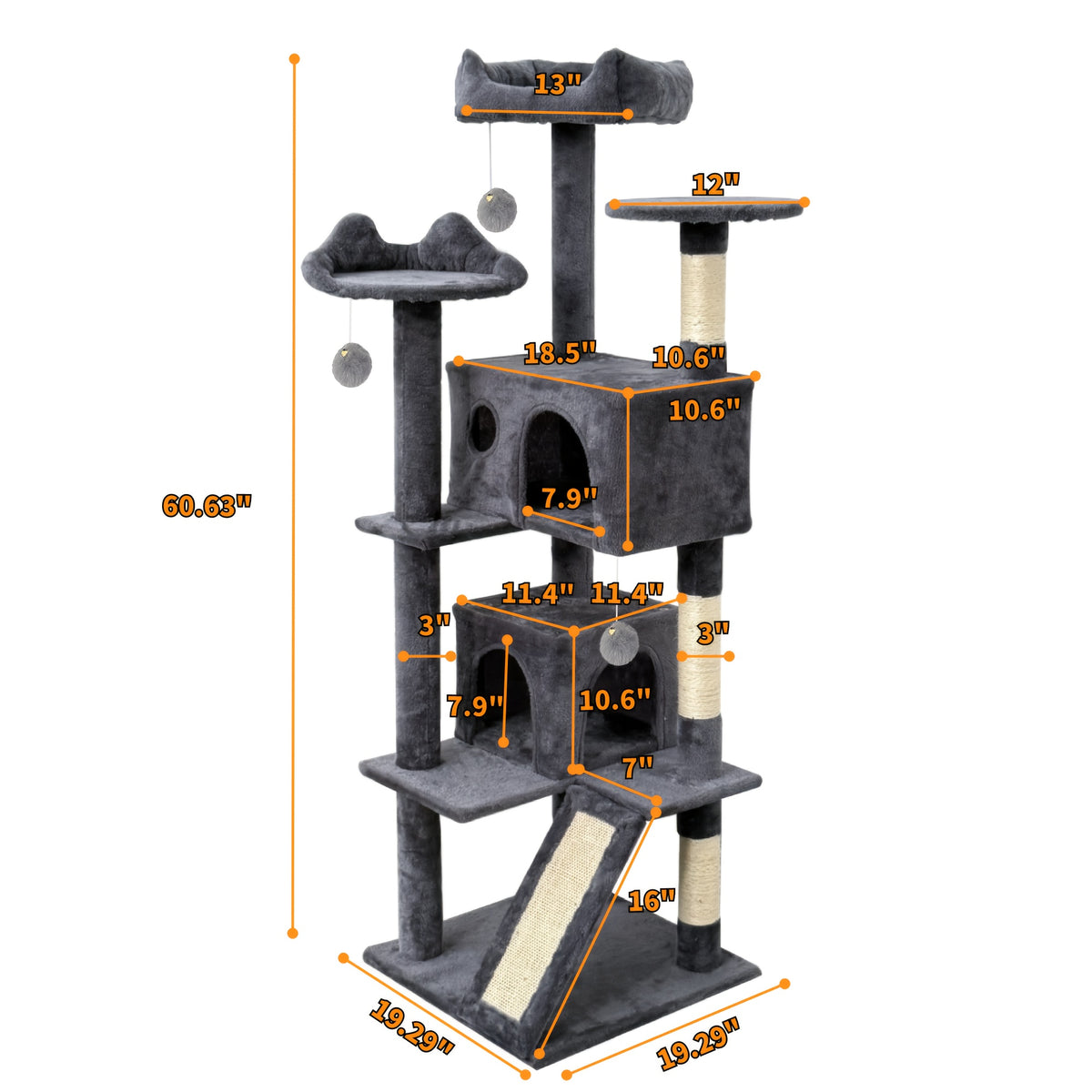 Cat Tree with Climbing Ramp for Indoor Cats, Multi-Level Plush Tower with Sisal Scratching Posts, Cozy Beds, Hanging Toys and Anti-Tip Design