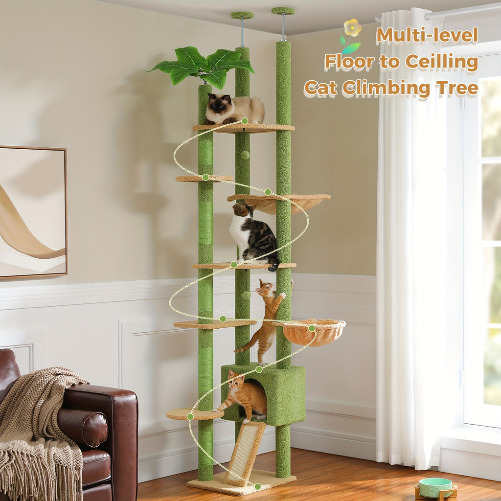 Adjustable Floor to Ceiling Cat Tree 90.5–100.4 Inches, Dual Top Support Indoor Tower with Condo, Hammocks, Climbing Platforms and Scratching Posts