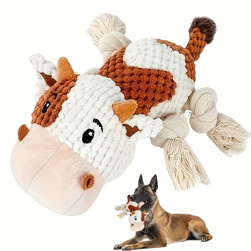 Cow Dog Toy with Knotted Rope Legs, 8-Inch Squeaky Crinkle Plush Pet Toy for Supervised Gentle Tug of War, Fetch and Interactive Puppy Play