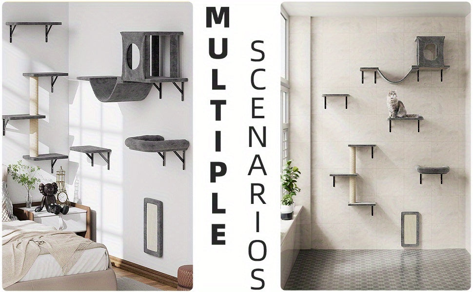 Cat Wall Climbing Shelves with Condo, 6-Piece Wall-Mounted Furniture Set with Scratching Post, Bridge Ladder and Board for Small and Medium Indoor Cats