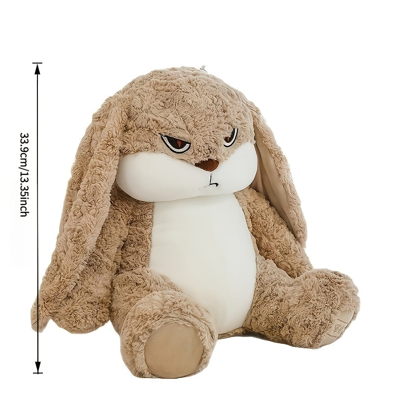 Bunny Plush Pet Toy with Grumpy Face, 13.35-Inch Long-Eared Stuffed Rabbit with Soft Textured Fur for Supervised Cat and Dog Companion Play