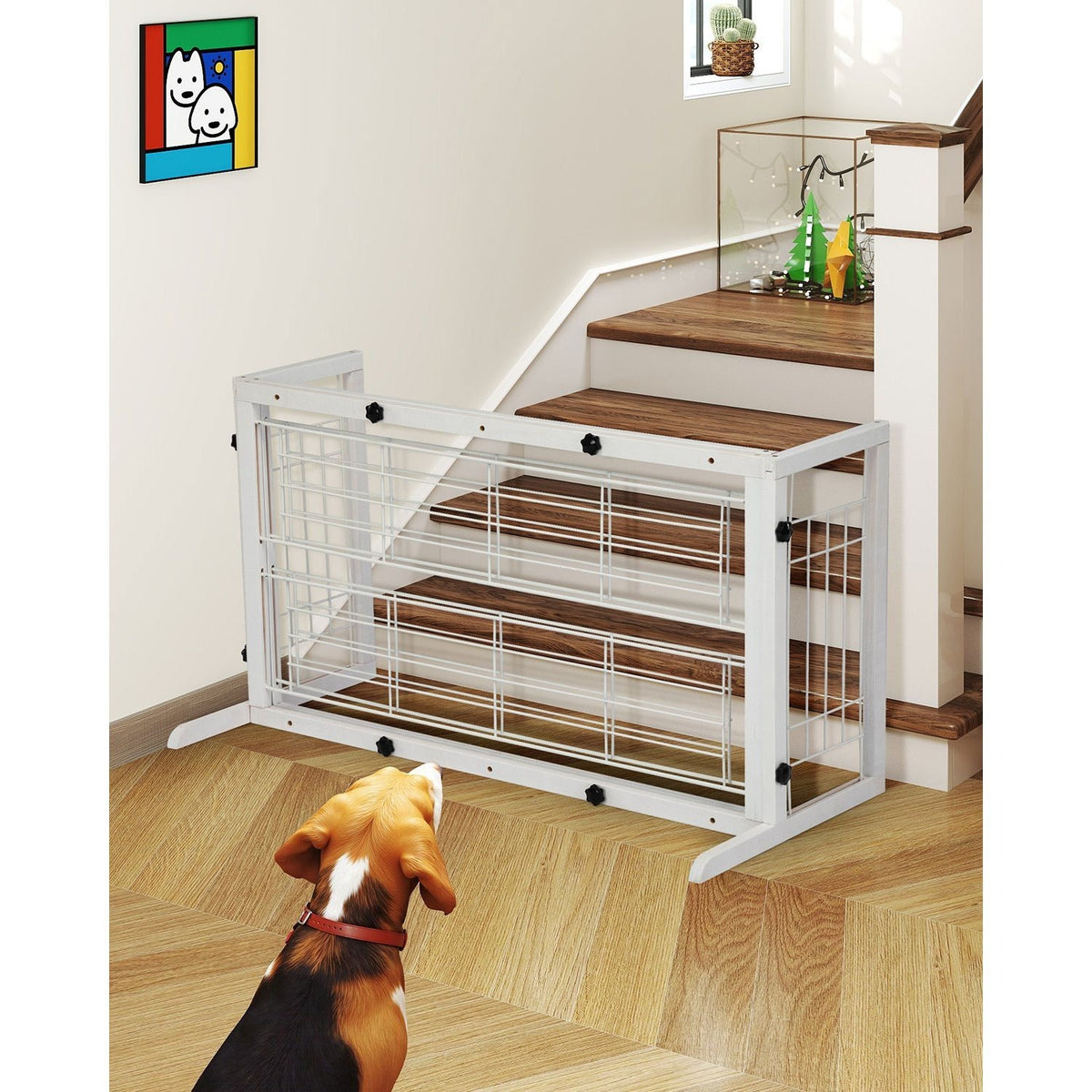 Wood Dog Gate with Sliding Width Adjustment, 38–71 Inch Freestanding Pinewood Pet Barrier with Wide Support Base for Indoor Doorways and Hallways