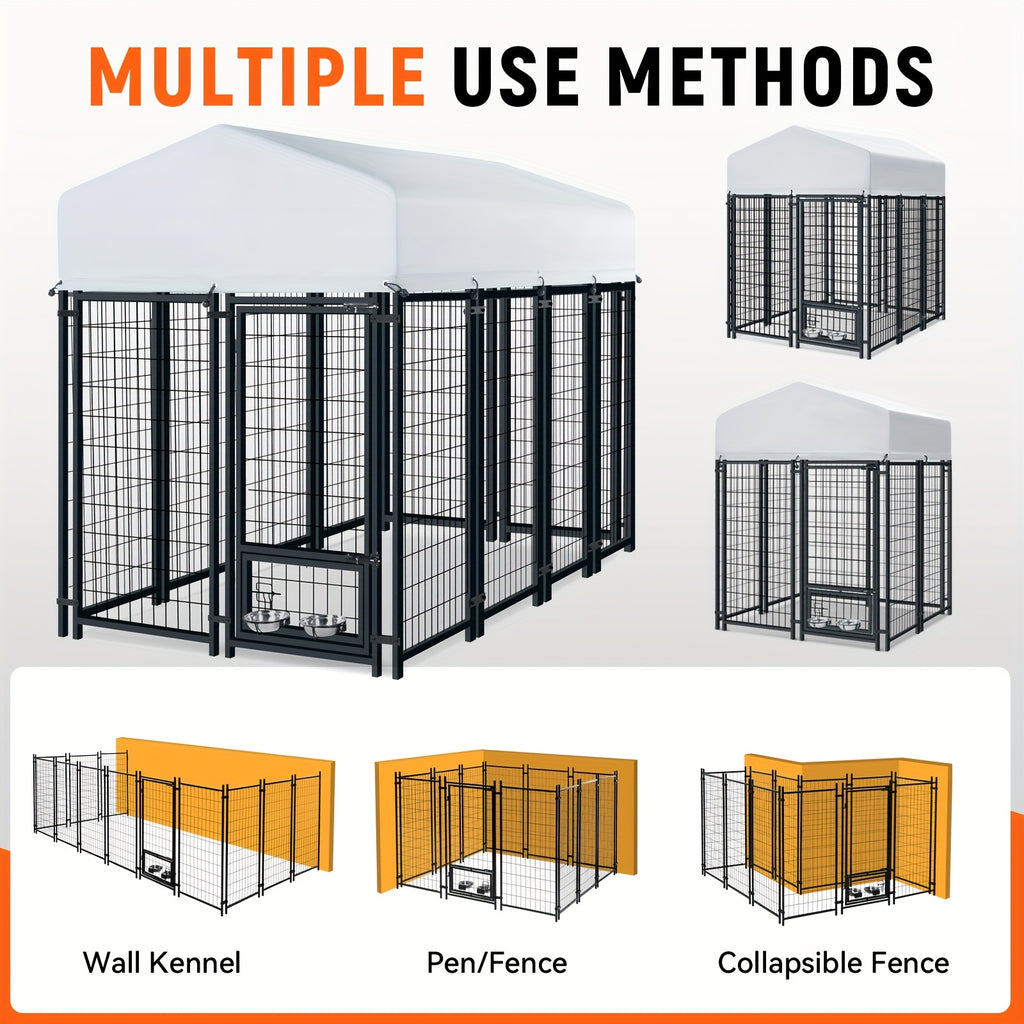 Large Dog Outdoor Kennel with UV-Resistant Roof Cover, Welded Wire Steel Enclosure with Secure Lock in 4, 6 or 8 Foot Lengths