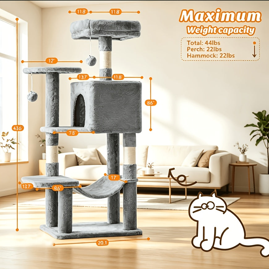 Cat Climbing Tower 44 Inch Multi-Level, Cat Activity Tree with Large Hammock, Enclosed Condo, Top Perch, Natural Sisal Scratch Posts and 2 Hanging Ball Toys for Multiple Cats